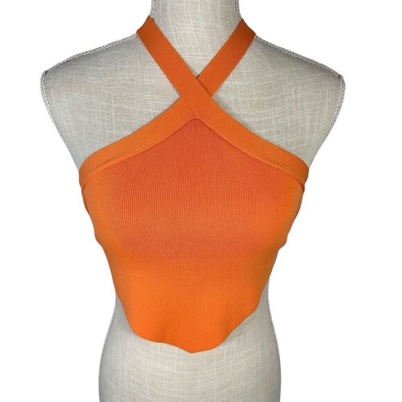 Princess Polly Orange Sculpt Knit Criss Cross Halter  Ribbed Cropped Tank Top - Picture 3 of 10